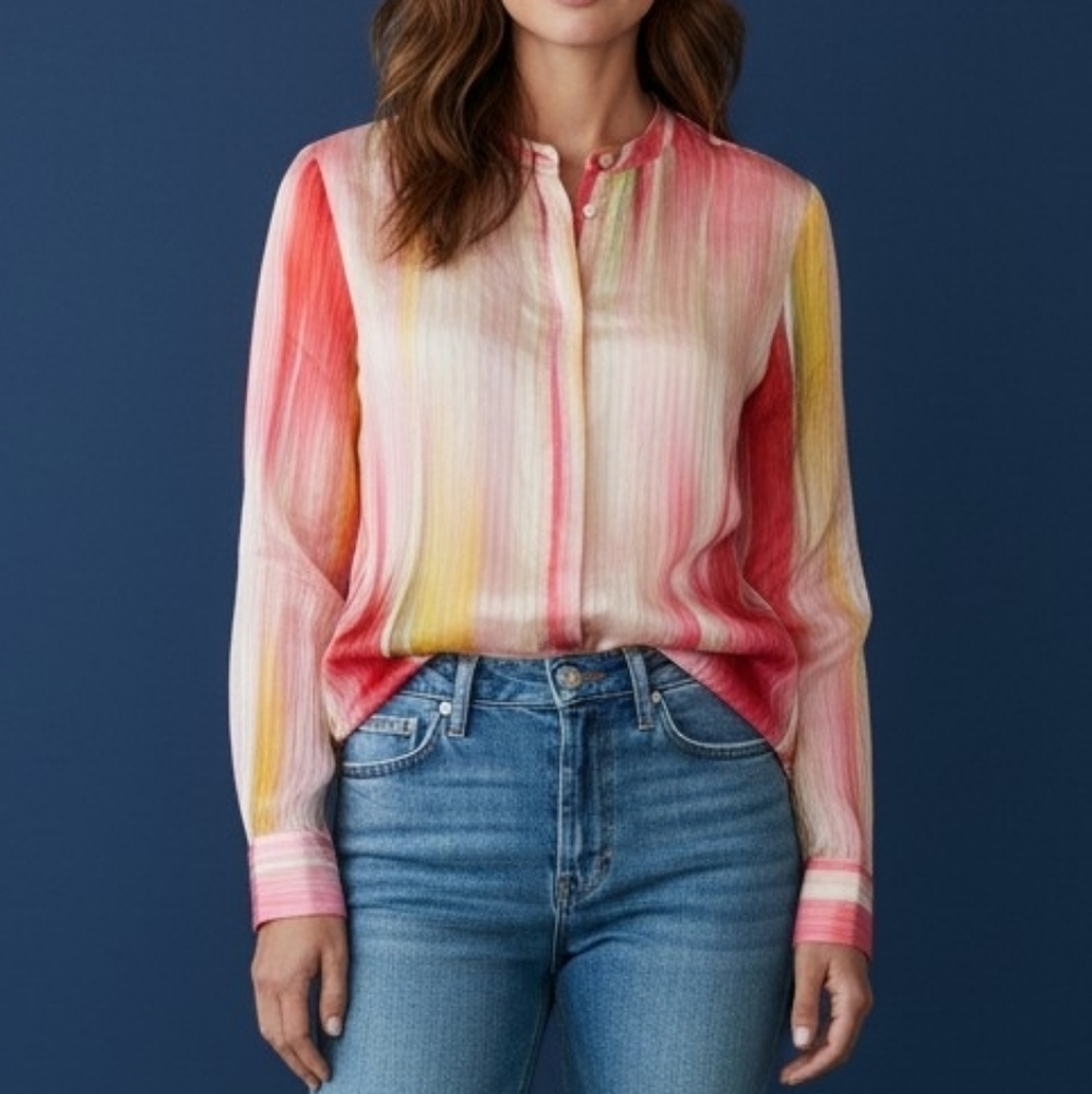 ELIE TAHARI Candy Pink Linen Silk Striped Long Sleeve Button Down Shirt